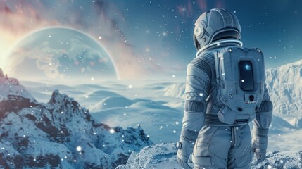 A close-up view of an astronaut standing on an ice planet with a stunning view in the background. Ai generated image