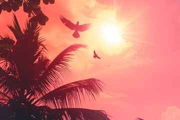 parrots flying agains beautiful coral sunset sky with palm silhouettes