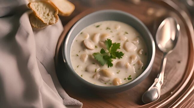 A bowl of clam chowder is served at the table with hot steam wafting