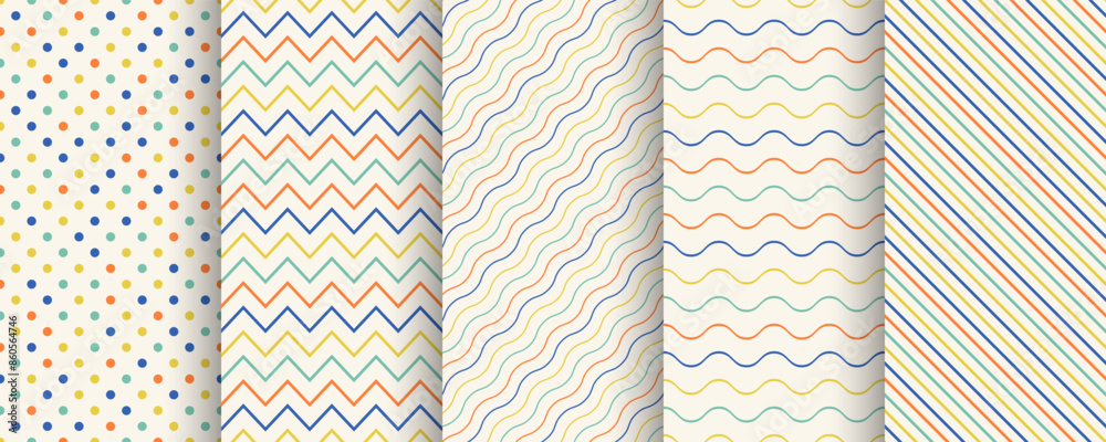 Poster Collection of color geometric seamless minimalistic delicate patterns. Simple dotted and striped outline textures - repeatable cute unusual backgrounds