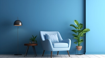 Cozy chair with books and ficus pots in front of blue wall ,Blue Living Room Interior Design ,Modern cozy living room and blue wall texture background