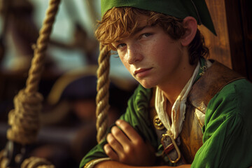 A boy dressed as Peter Pan on a ship. World book day dress up idea.