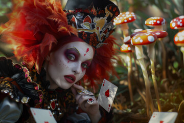 A person with makeup as the Mad Hatter from Alice in Wonderland. Cosplay dress up idea.