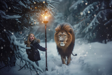 A little girl and a lion under a lamp. Narnia dress up idea.