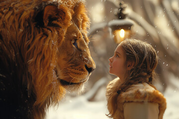 A little girl and a lion under a lamp. Narnia dress up idea.
