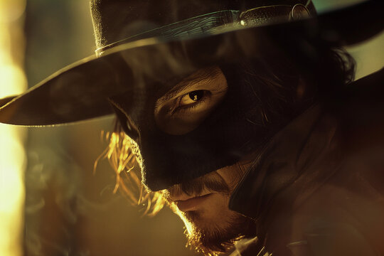 A man in a black hat wearing a mask. Zorro cosplay dress up idea.