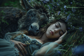 A woman dressed as the fairy queen Titania sleeping beside a donkey. Shakespeare A Midsummer Night's Dream cosplay dress up idea.