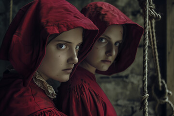 Two women with serious expressions in red cloaks and capes. Handmaid's Tale cosplay costume idea.