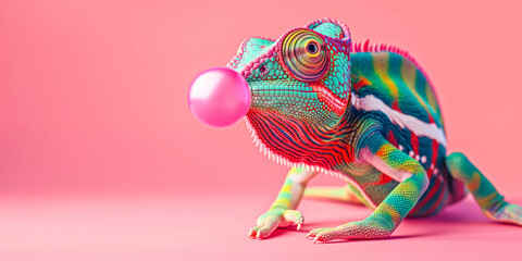 Colorful Chameleon Blowing Bubble Gum - Fun and Creative Concept for Advertising and Design