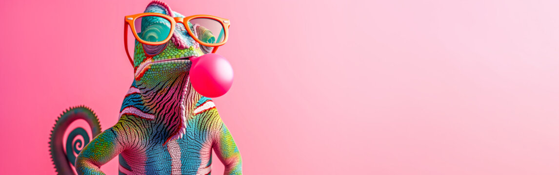 Colorful Chameleon Wearing Sunglasses and Blowing Bubble Gum on a Pink Background . Fun and Quirky Concept for Posters and Cards