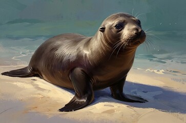 Naklejka premium Fur seal in oil digital painting style