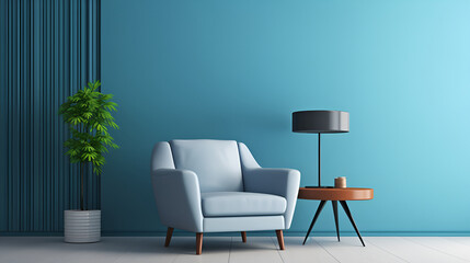 Cozy chair with books and ficus pots in front of blue wall ,Blue Living Room Interior Design ,Modern cozy living room and blue wall texture background