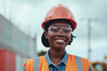 A woman, wearing workwear including a hard hat and safety vest, is happily smiling. She appears to be an engineer or a construction worker, embodying the spirit of Labor Day.promoting workplace safety