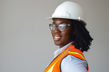 A woman, smiling, wears a hard hat and safety vest, suitable for work.The image may also include glasses,helmet,eyewear, emphasizing vision care,safety on workday. Ideal for promoting workplace safety