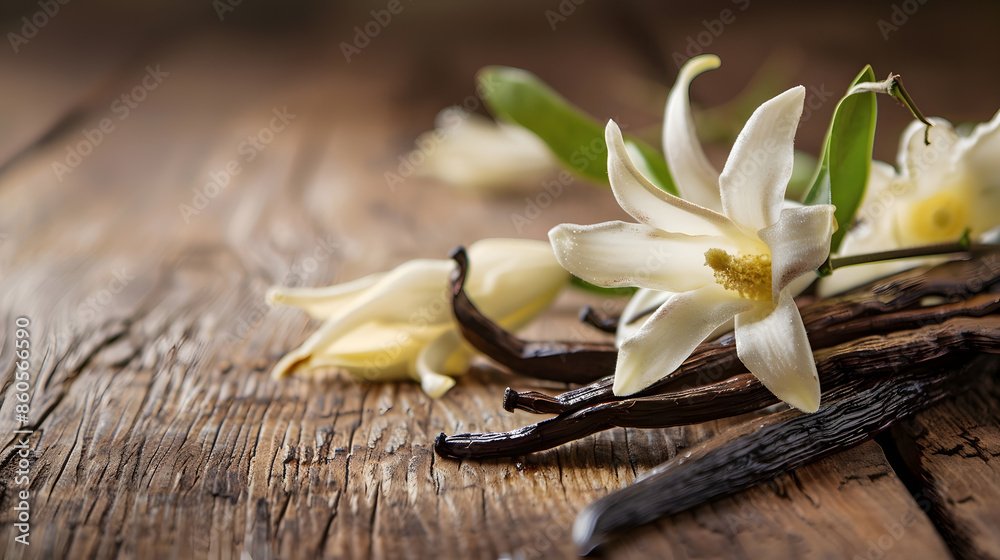Poster vanilla flowers and pods close up vanilla beans over wooden background macro shot aromatic condiment