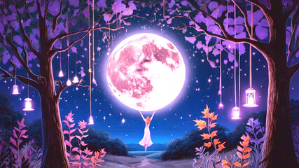A luminous moon goddess, crafted from delicate porcelain and adorned with intricately painted lunar symbols, stands amidst a whimsical forest, serenading a gathering of fascinated foxes with a hauntin