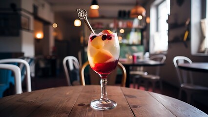 Peach and berry soda glass in cafe restaurant