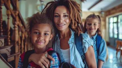 Happy Multiracial Family Preparing for School Day in Bright Home. Generative ai