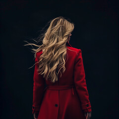 A blonde woman with a long red coat standing back posing