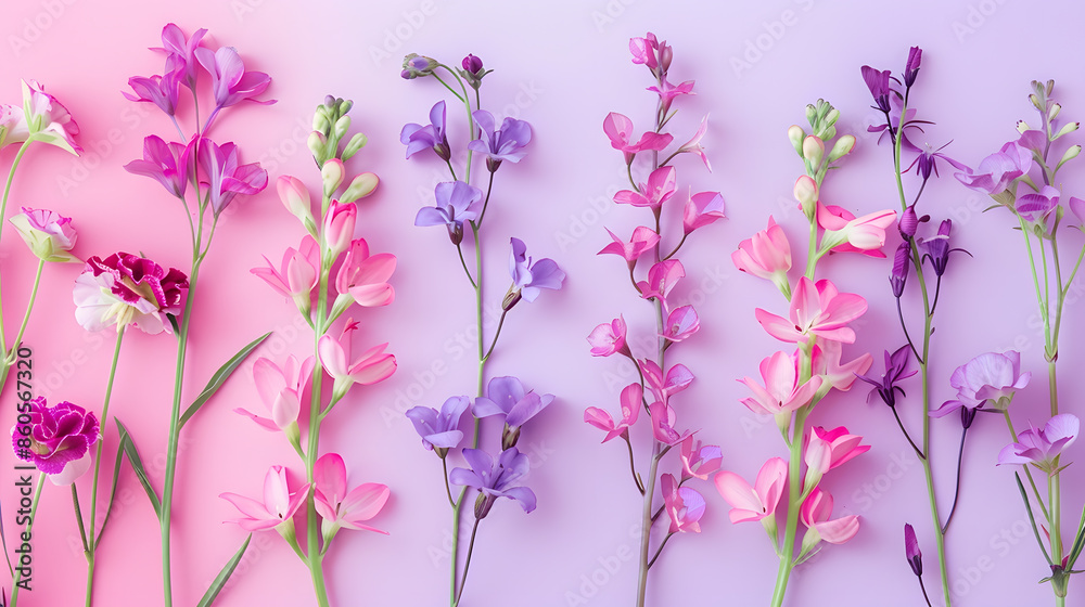 Poster Creative layout made with pink and violet flowers on bright background Flat lay Spring minimal concept : Generative AI