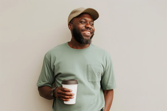 In the image, gentleman with facial hair is smiling as he holds a coffee cup,dressed in a green shirt and hat. Perfect for visual content related to morning routines,enjoyment of a good cup of coffee