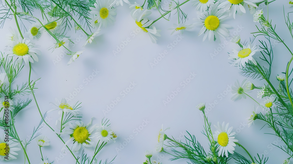 Poster floral frame with chamomile flower and green branches flat lay top view : generative ai