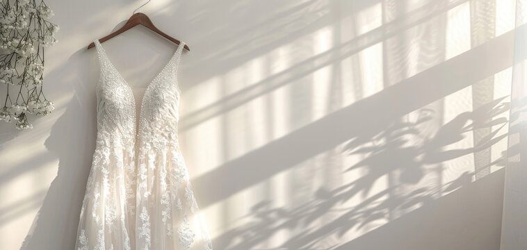 Elegant white wedding dress hanging on a wall with delicate lighting creating a serene and romantic atmosphere. complemented by floral