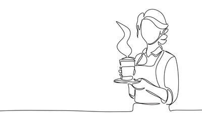 Barista one line continuous. Waitress with coffee line art. Hand drawn vector art.