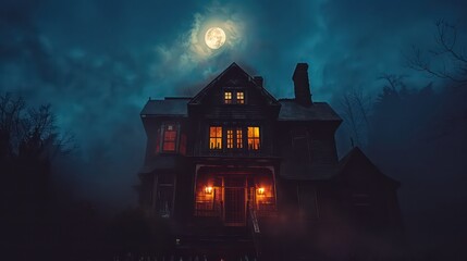 Haunted House. Creepy Atmosphere for Halloween. Fog, Moon light. Illuminated windows. . High quality 3d illustration