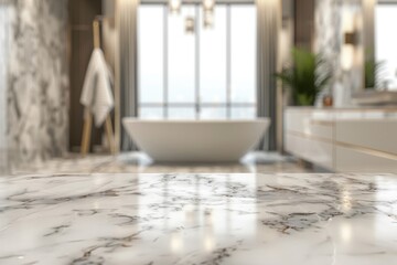 Marble table without items in blurry bathroom background perfect for showcasing products