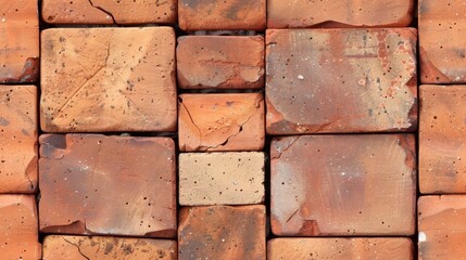 Close-up of a seamless weathered red brick wall with varying textures and shades, showcasing the rustic, aged charm of exposed masonry.