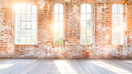 Sunlit industrial loft with large arched windows and red brick walls. The wooden floor adds warmth, and the bright light highlights the spacious, open feel.