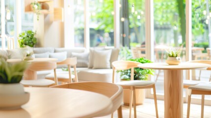 Bright, modern café interior with natural light flooding through large windows, highlighting plants and simple wooden furniture, creating a serene and inviting space.