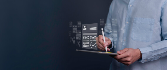 Employee selection, businessman process select the optimum resume application form, recruitment to...