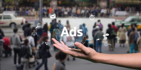 advertising marketing strategies to target social media native, ad, advertisers, sales. Social media advertising Data and marketing concept.