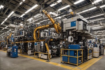 Advanced robot working on an assembly line in a high-tech factory