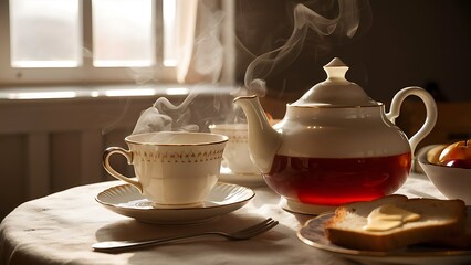 Obraz premium Freshly brewed tea hot drink morning breakfast natural product