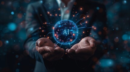 Abstract business man holding futuristic digital icon of artificial intelligence with text "AI" on dark background