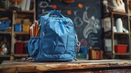 Obraz premium Blue Backpack with Colorful Pencils in Classroom Generative AI