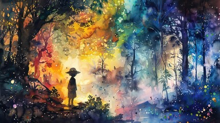 Fototapeta premium A vibrant watercolor painting of a curious little boy embarking on an adventure through a magical forest