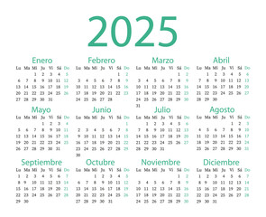 Calendar in spanish for 2025. The week starts on Monday.