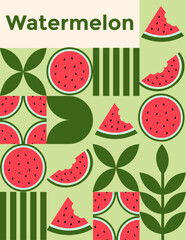 Seamless pattern with watermelon elements, various simple geometric shapes