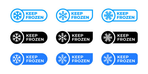 Frozen product label collection. Keep frozen vector badges for product package. Frozen food logo. Stickers with snowflake in different styles. Storage in refrigerator and freezer icon set.