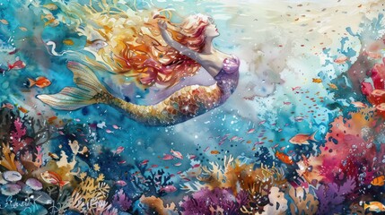 An enchanting watercolor painting of a mermaid with flowing hair and a sparkling tail