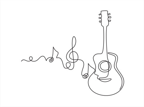 One line acoustic guitar illustration with notes. Music live. Music band instrument line art. steel guitar logo icons vector design.