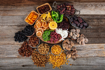 Composition with dried fruits and assorted nuts. Nutritious Energy Snack. Candied fruit, Dry fruit...