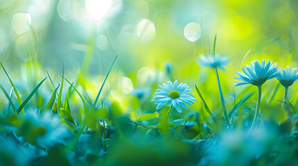 Obraz premium Peaceful soft focus daisy meadow landscape Beautiful grass sunny fresh green blue foliage Tranquil spring summer nature closeup Blurred forest field background Idyllic bright nature ha : Generative AI