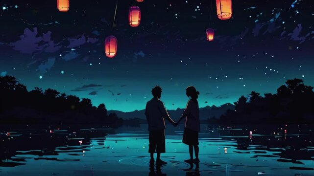 Couples release lanterns into the night sky by a tranquil lake, their reflections dancing on the water under the moonlight, overlay zoom OBS, anime chill hip hop. Cyan purple colours manga style