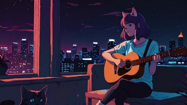 Lofi Girl strums a guitar or ukulele softly while her cat purrs in contentment, the music subtly blending with the background lofi beats, zoom OBS, anime chill hip hop. Cyan purple colours manga style