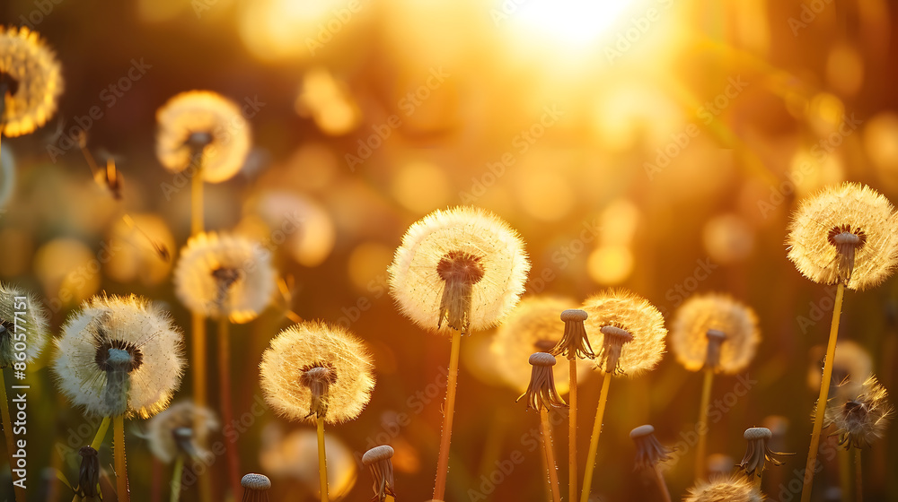 Poster fluffy dandelions glow in the rays of sunlight at sunset in nature on a meadow beautiful dandelion f